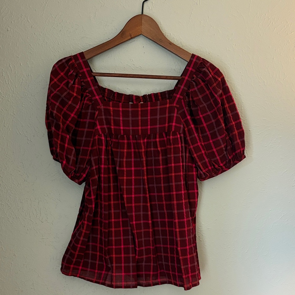 Madewell Seersucker Plaid Red Women's Top